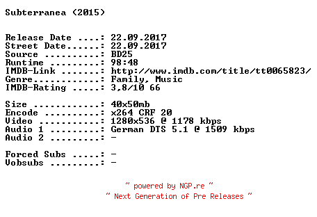 NFO for the release Subterranea.2015.German.720p.BluRay.x264-SPiCY by SPiCY