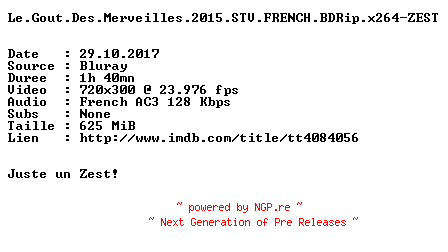 NFO for the release Baywatch.2017.EXTENDED.TRUEFRENCH.BDRip.x264-ZEST by ZEST