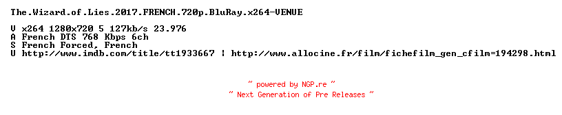 NFO for the release The.Wizard.of.Lies.2017.FRENCH.720p.BluRay.x264-VENUE by VENUE