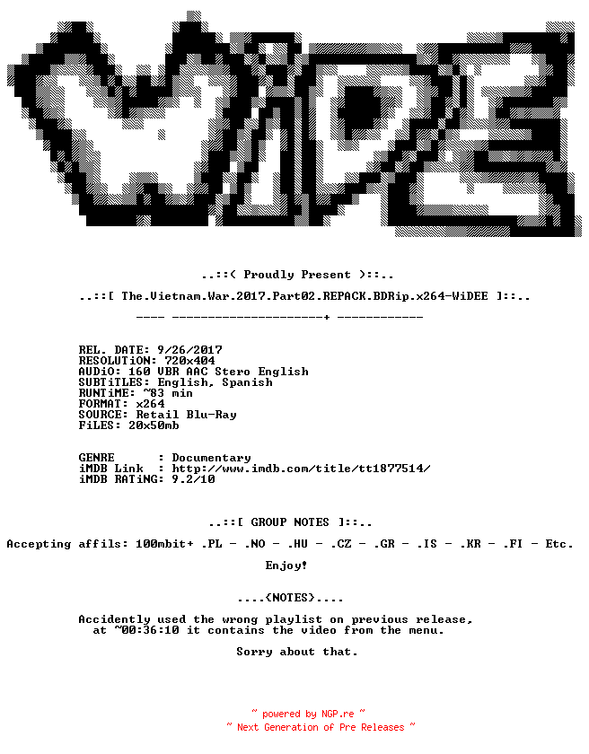 NFO for the release The.Vietnam.War.2017.Part02.REPACK.BDRip.x264-WiDE by WiDE
