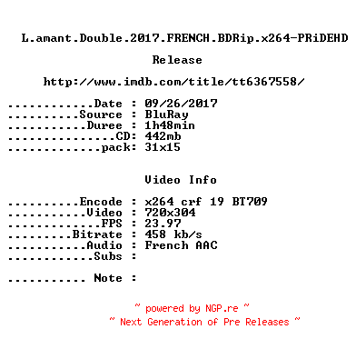 NFO for the release L.amant.Double.2017.FRENCH.BDRip.x264-PRiDEHD by PRiDEHD