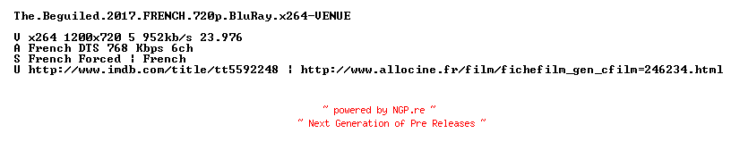 NFO for the release The.Beguiled.2017.FRENCH.720p.BluRay.x264-VENUE by VENUE