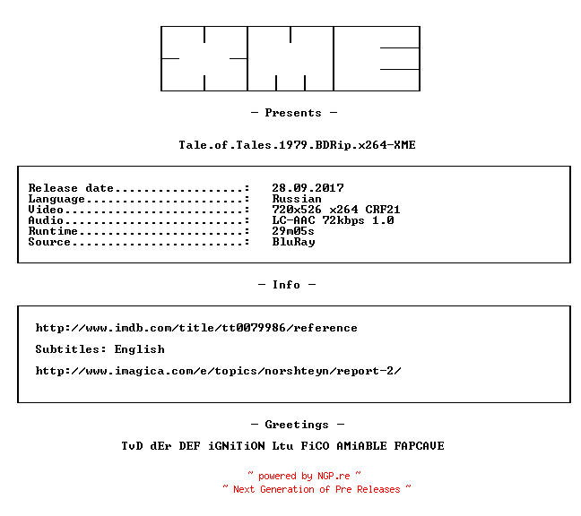 NFO for the release Tale.of.Tales.1979.BDRip.x264-XME by XME