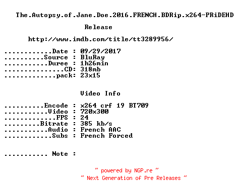NFO for the release The.Autopsy.of.Jane.Doe.2016.FRENCH.BDRip.x264-PRiDEHD by PRiDEHD