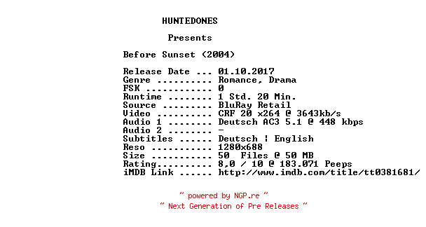 NFO for the release Before.Sunset.2004.German.720p.BluRay.x264-HUNTEDONES by HUNTEDONES