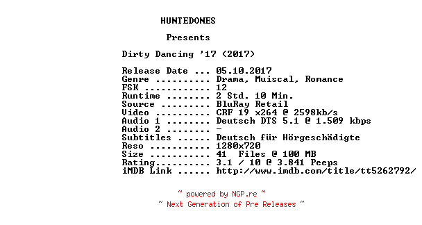 NFO for the release Dirty.Dancing.17.2017.German.720p.BluRay.x264-HUNTEDONES by HUNTEDONES