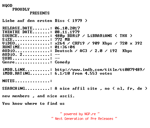 NFO for the release Liebe.auf.den.ersten.Biss.German.1979.AC3D.BDRiP.x264-HQOD by HQOD