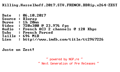 NFO for the release Killing.Hasselhoff.2017.STV.FRENCH.BDRip.x264-ZEST by ZEST