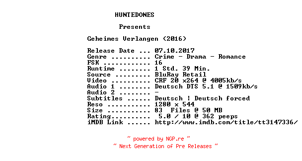 NFO for the release Geheimes.Verlangen.2016.German.720p.BluRay.x264-HUNTEDONES by HUNTEDONES