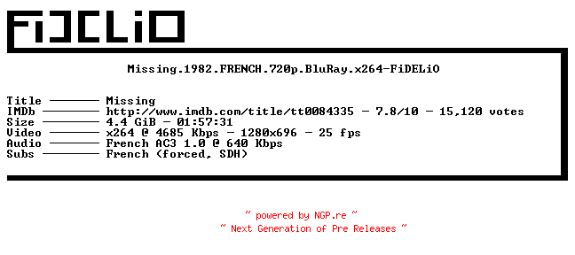 NFO for the release Missing.1982.FRENCH.720p.BluRay.x264-FiDELiO by FiDELiO