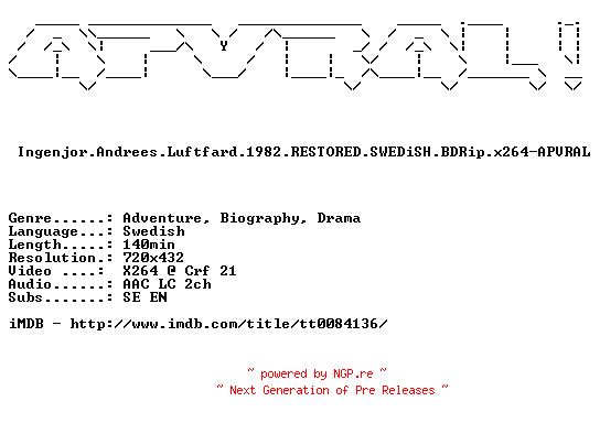 NFO for the release Ingenjor.Andrees.Luftfard.1982.RESTORED.SWEDiSH.BDRip.x264-APVRAL by APVRAL