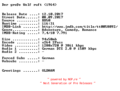 NFO for the release Der.grosse.Wolf.ruft.1964.German.720p.BluRay.x264-SPiCY by SPiCY