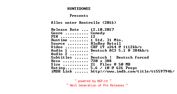 NFO for the release Alles.Unter.Kontrolle.German.2016.AC3.BDRip.x264-HUNTEDONES by HUNTEDONES