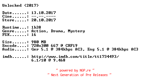 NFO for the release Unlocked.German.2017.DL.BDRip.x264-CiNEViSiON by CiNEViSiON