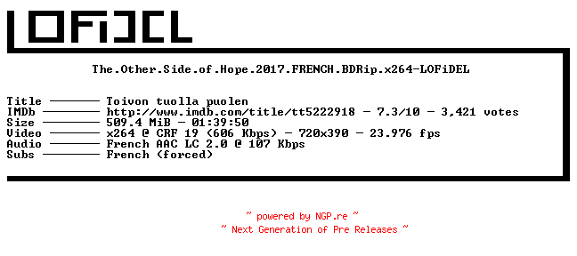 NFO for the release The.Other.Side.of.Hope.2017.FRENCH.BDRip.x264-LOFiDEL by LOFiDEL