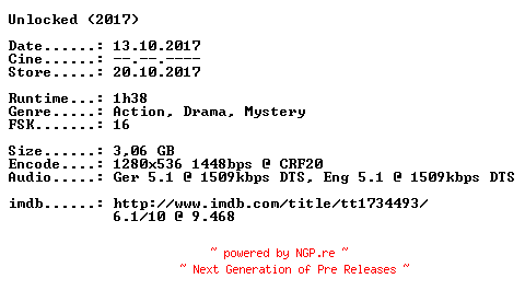 NFO for the release Unlocked.2017.German.DL.720p.BluRay.x264-CiNEViSiON by CiNEViSiON