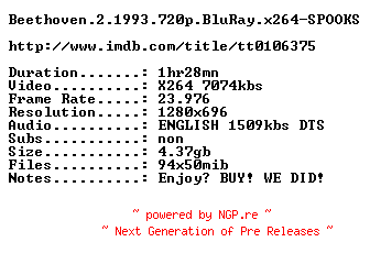 NFO for the release Beethoven.2.1993.720p.BluRay.x264-SPOOKS by SPOOKS