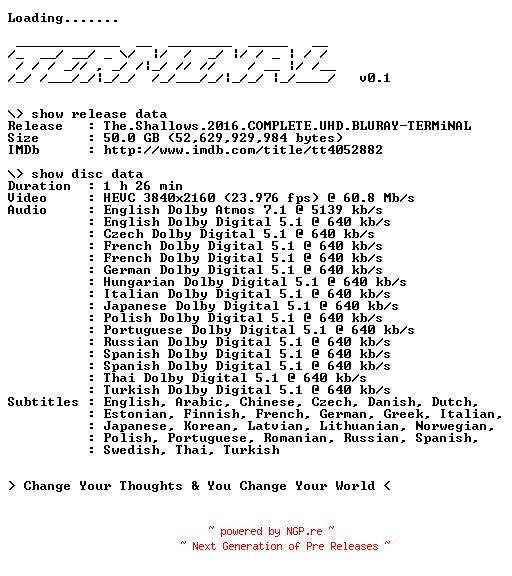 NFO for the release The.Shallows.2016.COMPLETE.UHD.BLURAY-TERMiNAL by TERMiNAL