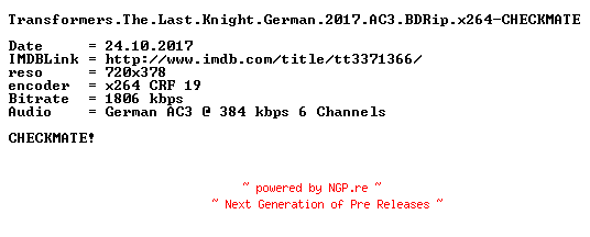 NFO for the release Transformers.The.Last.Knight.German.2017.AC3.BDRip.x264-CHECKMATE by CHECKMATE