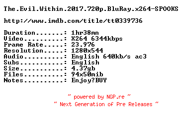 NFO for the release The.Evil.Within.2017.720p.BluRay.x264-SPOOKS by SPOOKS