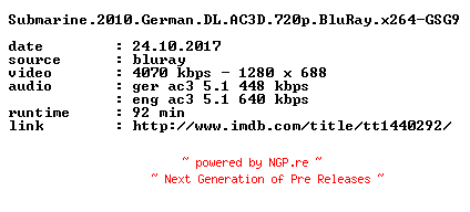NFO for the release Submarine.2010.German.DL.AC3D.720p.BluRay.x264-GSG9 by GSG9