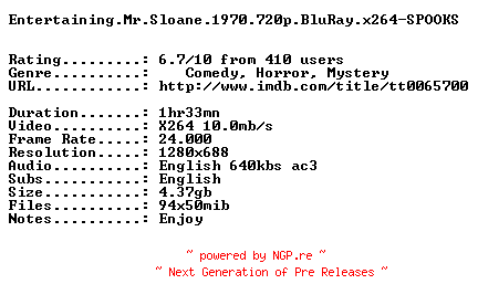 NFO for the release Entertaining.Mr.Sloane.1970.720p.BluRay.x264-SPOOKS by SPOOKS