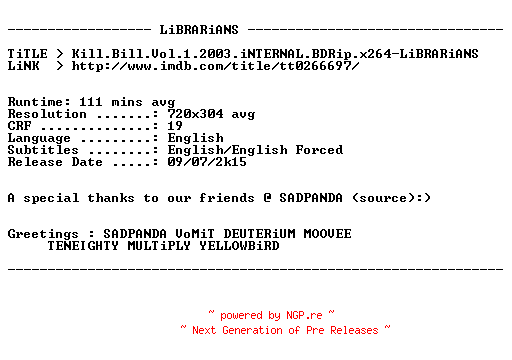 NFO for the release Kill.Bill.Vol.1.2003.iNTERNAL.BDRip.x264-LiBRARiANS by LiBRARiANS