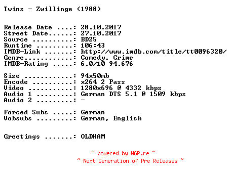 NFO for the release Twins.Zwillinge.1988.German.720p.BluRay.x264-SPiCY by SPiCY