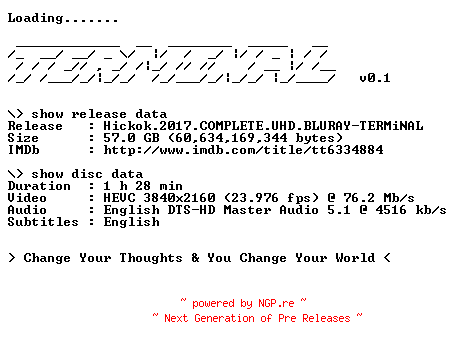 NFO for the release Hickok.2017.COMPLETE.UHD.BLURAY-TERMiNAL by TERMiNAL