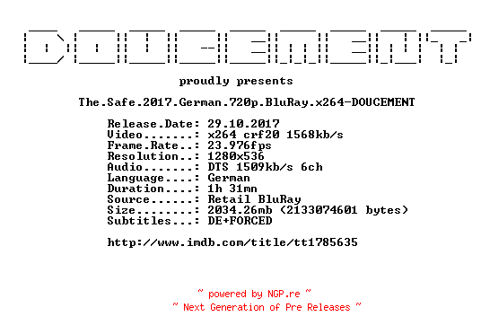 NFO for the release The.Safe.2017.German.720p.BluRay.x264-DOUCEMENT by DOUCEMENT
