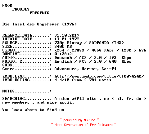 NFO for the release Die.Insel.der.Ungeheuer.1976.German.AC3D.DL.720p.BluRay.x264-HQOD by HQOD
