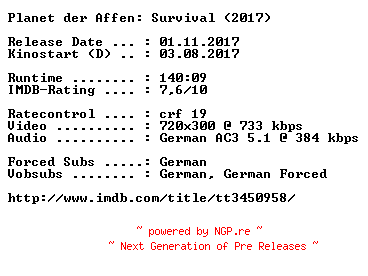 NFO for the release Planet.der.Affen.Survival.German.2017.AC3.BDRip.x264-COiNCiDENCE by COiNCiDENCE
