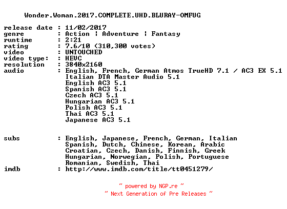 NFO for the release Wonder.Woman.2017.COMPLETE.UHD.BLURAY-OMFUG by OMFUG