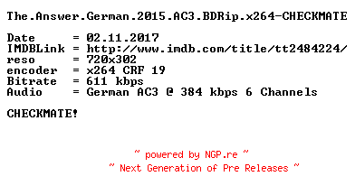 NFO for the release The.Answer.German.2015.AC3.BDRip.x264-CHECKMATE by CHECKMATE