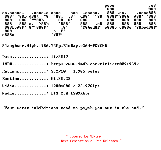 NFO for the release Slaughter.High.1986.720p.BluRay.x264-PSYCHD by PSYCHD