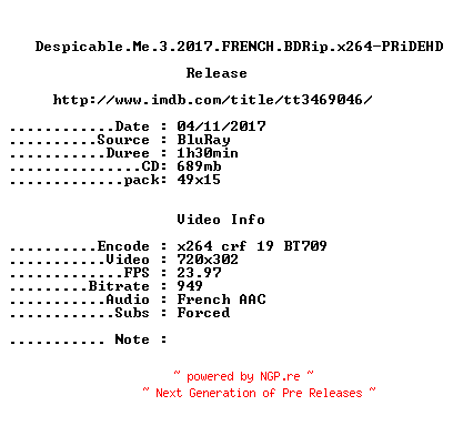 NFO for the release Despicable.Me.3.2017.FRENCH.BDRip.x264-PRiDEHD by PRiDEHD