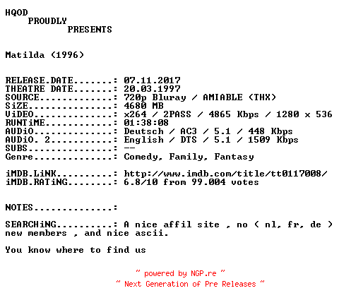 NFO for the release Matilda.1996.German.AC3D.DL.720p.BluRay.x264-HQOD by HQOD