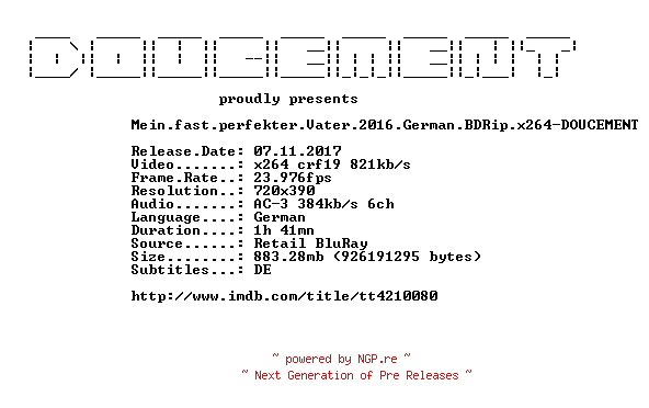NFO for the release Mein.fast.perfekter.Vater.2016.German.BDRip.x264-DOUCEMENT by DOUCEMENT