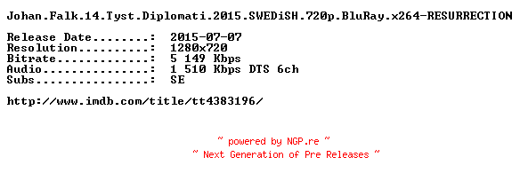NFO for the release Johan.Falk.14.Tyst.Diplomati.2015.SWEDiSH.720p.BluRay.x264-RESURRECTION by RESURRECTION