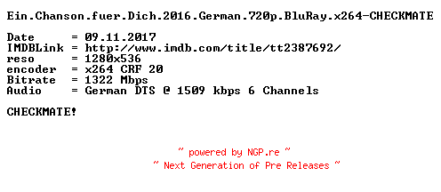 NFO for the release Ein.Chanson.fuer.Dich.2016.German.720p.BluRay.x264-CHECKMATE by CHECKMATE