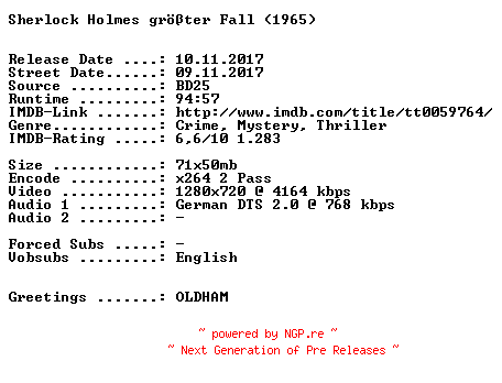 NFO for the release Sherlock.Holmes.groesster.Fall.1965.German.720p.BluRay.x264-SPiCY by SPiCY