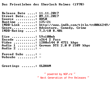NFO for the release Das.Privatleben.des.Sherlock.Holmes.1970.German.720p.BluRay.x264-SPiCY by SPiCY