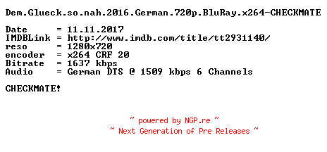 NFO for the release Dem.Glueck.so.nah.2016.German.720p.BluRay.x264-CHECKMATE by CHECKMATE