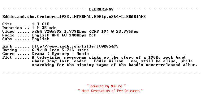 NFO for the release Eddie.and.the.Cruisers.1983.iNTERNAL.BDRip.x264-LiBRARiANS by LiBRARiANS