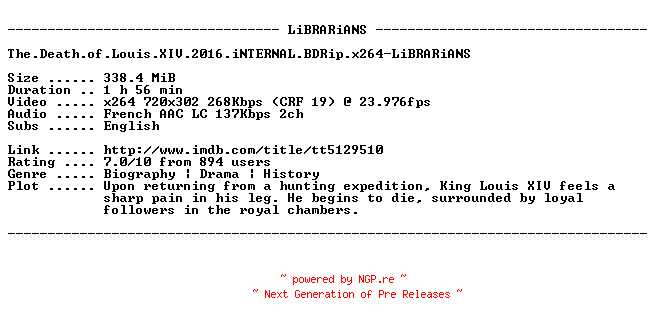 NFO for the release The.Death.of.Louis.XIV.2016.iNTERNAL.BDRip.x264-LiBRARiANS by LiBRARiANS