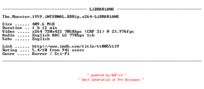 NFO for the release The.Manster.1959.iNTERNAL.BDRip.x264-LiBRARiANS by LiBRARiANS