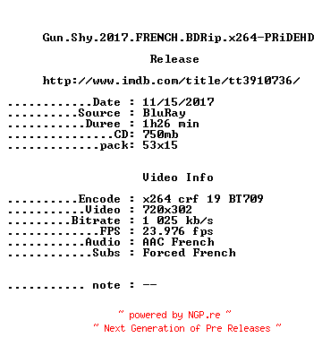 NFO for the release Gun.Shy.2017.FRENCH.BDRip.x264-PRiDEHD by PRiDEHD