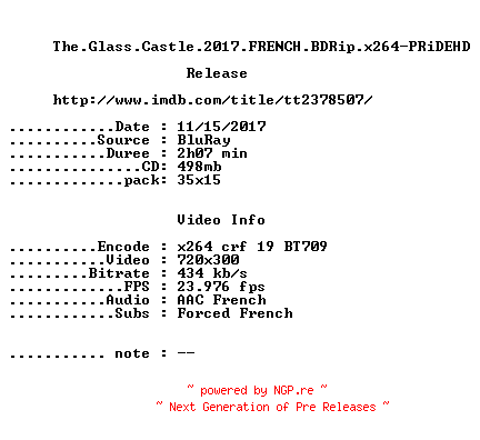 NFO for the release The.Glass.Castle.2017.FRENCH.BDRip.x264-PRiDEHD by PRiDEHD