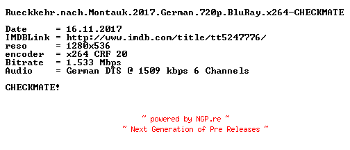 NFO for the release Rueckkehr.nach.Montauk.2017.German.720p.BluRay.x264-CHECKMATE by CHECKMATE