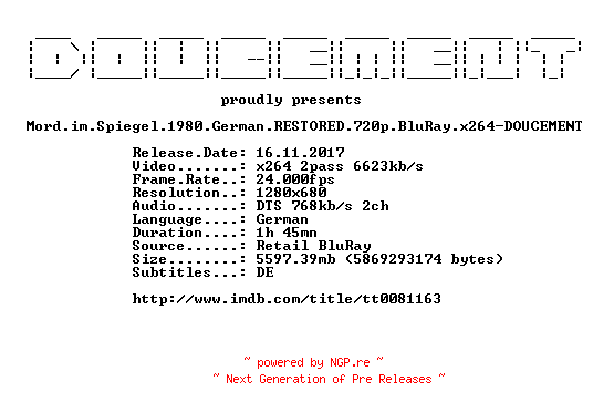 NFO for the release Mord.im.Spiegel.1980.German.RESTORED.720p.BluRay.x264-DOUCEMENT by DOUCEMENT